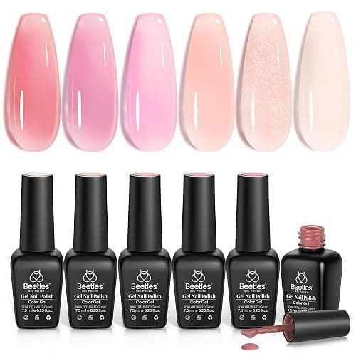 Beetles Jelly Gel Nail Polish Set, 6 Colors Jelly Nude Pink Gel Polish Kit Neutral Sheer Shimmer Glitter Translucent Effect Soak off Uv Nail Concealer DIY Manicure Spring Summer Gift for Women - Image 1