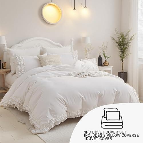 Merryword 100% Cotton Ruffled Duvet Cover Set Queen, White Shabby Chic Farmhouse Bedding Set French Country Cute Comforter Cover thumbnail 3