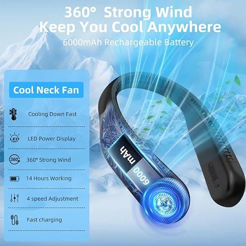 Portable Neck Fan, Personal Wearable Bladeless Fan, 6000mAh USB Rechargeable, 360° Airflow, LED Display, 4-Speeds, Hands Free Fan for Outdoor Indoor, Birthday Gifts for Men Women Dad Mom (Black) thumbnail 8