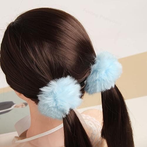 Furling Pompoms Furry Faux Rabbit Fur Hair Scrunchies Artificial Fur Hair Bobbles Elastic Hair Band Rope Wristband Ponytail Accessories Light Pink 2pcs thumbnail 7