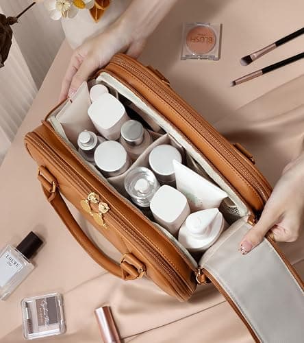 Bagstellar Travel Makeup Bag, Large Capacity Quilted Toiletry Bag for Women Stand-up Cosmetic Bag Open Flat Make Up Case Organizer Portable Pouch Purse w/Handle for Traveling Accessories, Camel thumbnail 7