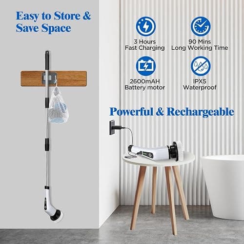 Electric Spin Scrubber, Cordless Bath Tub Power Scrubber with 8 Replaceable Drill Brush Heads, Shower Cleaning Brush with Adjustable Handle for Bathroom, Tile Floor & Car, White, (ANS-8050) thumbnail 4