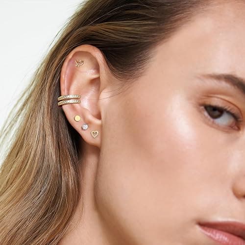 Small Gold Stud Earrings Set for Women - 14K Gold Plated CZ Huggie Hoops Hypoallergenic Earrings Dainty Flower Heart Stud Earrings for Jewelry Gift thumbnail 3