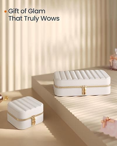 SONGMICS HOME Travel Jewelry Case, Travel Jewelry Box Organizer with Mirror, 4.1 x 8 x 2.4 Inches, Stitching, Portable, Christmas Gift, Cloud White UJBC180W01 thumbnail 7