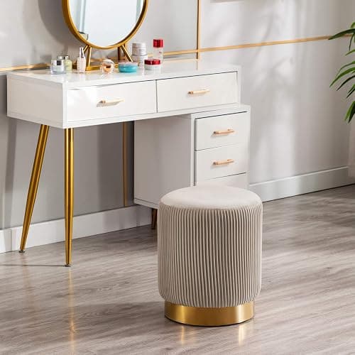 DUHOME Modern Round Velvet Ottoman Footrest Vanity Stool Khaki thumbnail 5