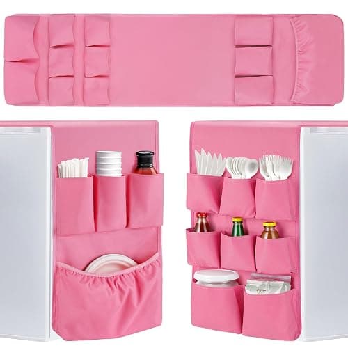 Extended Mini Fridge Caddy Organizer - 55" x 13" Back to School Dorm and Office Over the Fridge Storage Organizer with 12 Pockets for Flatware Drink Paper Goods, College Must Have, Pink - Image 1