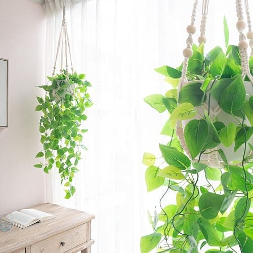 Mkono Fake Hanging Plant, Macrame Hanger with Pothos Vines & Pot, Ivory 2Pc | Artificial Hanging Plants for Home Decor Indoor, Realistic Look, Perfect for Bedroom Bathroom Kitchen Office Boho Display thumbnail 2