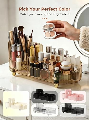 Booklov Rotating Makeup Organizer for Vanity Countertop, Amber | Clear Acrylic Cosmetic Display Case, Large Beauty Brush Holder for Bathroom Counter, Skincare Lipsticks Storage thumbnail 9