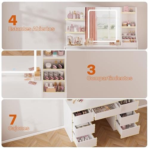Airfish Tocador Grande, Tocador de Maquillaje Moderno con Espejo LED y 3 Tonos, Brillo Ajustable, Mesa de Maquillaje con 4 Estantes y 7 Cajones, 3 Compartimentos Abiertos (Blanco) thumbnail 6