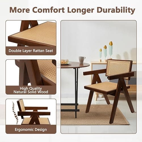 CLATINA Rattan Reading Chair for Bedroom Comfy Indoor Kitchen Dining Chair with Rattan Backrest Armrest Morden Upholstered Seat Wood Chair for Home Living Room Farmhouse Restaurant(1PK) - 1PK - Light Beige thumbnail 5