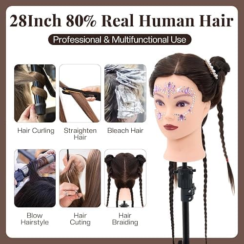 28" Mannequin Head Human Hair, Mannequin Head with 80% Real Hair,Cosmetology mannequin Doll head for hair Styling,Training Practice Braiding Manikin head with Table Clamp,Hair Styling Set #4 thumbnail 2