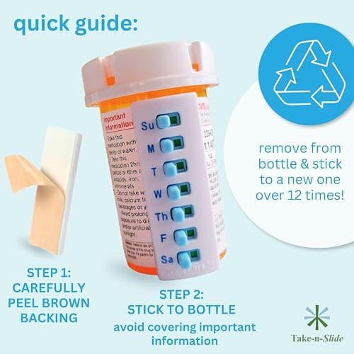 TAKE-N-SLIDE Peel and Stick Reusable for 12 + Refills, Pill/Medication/Vitamin/Pet Med Tracker & Reminder, Attach to Your Bottle, Organizer-Free, Curved‑Back (White, 5-Pack) thumbnail 7
