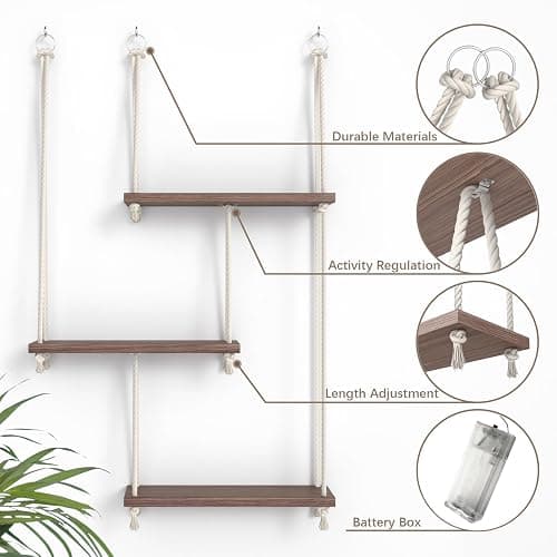 REFGY Hanging Shelves for Wall with Vine Lights, 3 Tier Rope Wall Hanging Plant Shelf, Boho Wall Decor Aesthetic for Succulents, Bedroom, Living Room, Bathroom (Rustic Brown) thumbnail 4