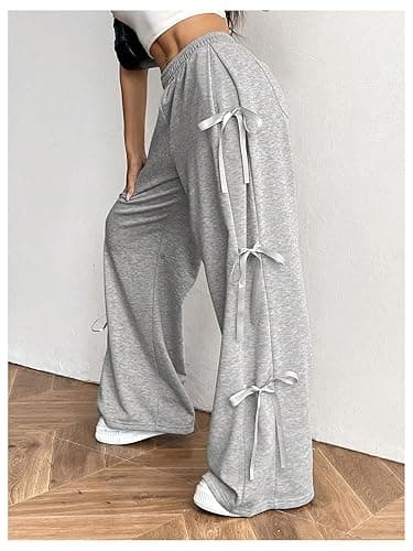 Verdusa Women's Bow Wide Leg Sweatpants Elastic Waist Casual Baggy Pants with Pocket - Medium - Light Grey thumbnail 3