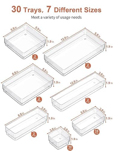 SMARTAKE 30-Piece Drawer Organizer with Non-Slip Silicone Pads, 7-Size Desk Drawer Organizer Trays Storage Tray for Makeup, Jewelries, Utensils in Bedroom Dresser, Office and Kitchen (Clear) thumbnail 3