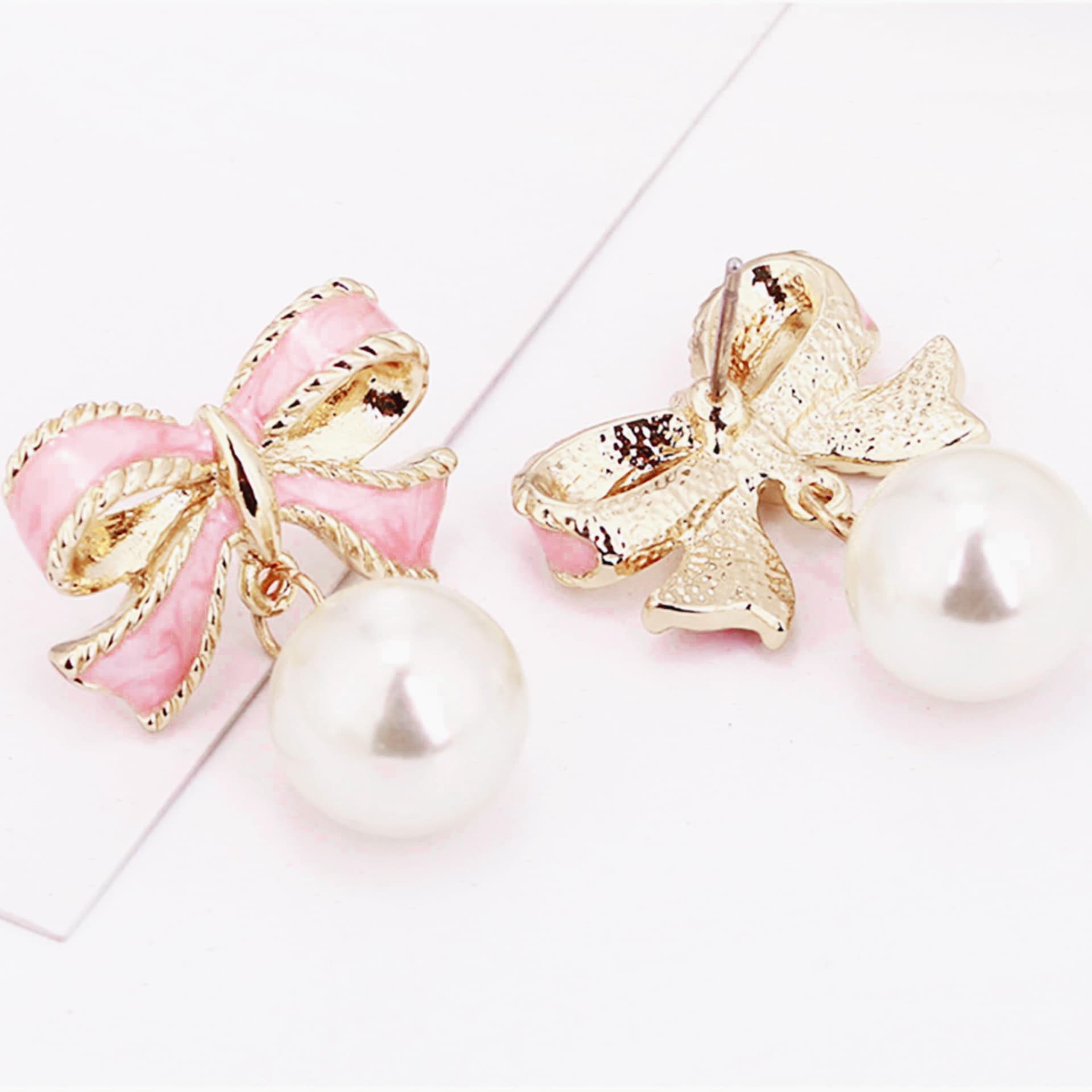 Gold Pearl Bow Earrings For Women Trendy Pink Coquette Drop Stud Ribbon Silver Earrings Dangle Jewelry - Unique Gifts For Wife Valentines Day Preppy Cute Teen Girls Accessories 2024 - pink gold thumbnail 6