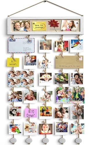 Bikoney Collage Picture Frames Hanging Photo Display Multi Pictures Organizer with Wood Bulletin Board Photo Board 30 Clips and 6 Pushpins for Room Wall Decor (White) - Image 1