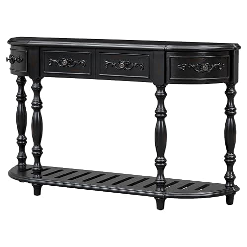 LUMISOL Retro Half Moon Console Table with 4 Storage Drawers, Curved Sofa Table Behind Couch, Half Round Accent Table with Shelf for Entryway Living Room Hallway, Black - Image 1