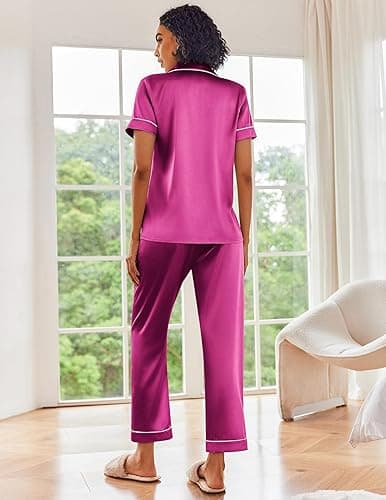 Ekouaer Satin Pajamas Set Women Short Sleeve Sleepwear Soft Button Down Loungewear Pjs Set thumbnail 5