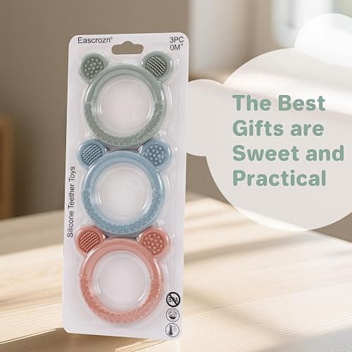 Eascrozn Baby Teething Toys Set of 3, Teethers for Babies 3-6 6-12 Months, BPA Free Soft and Textured Bear Teething Rings Silicone Teething Relief Soothing Sore Gums Baby Chew Toys thumbnail 7