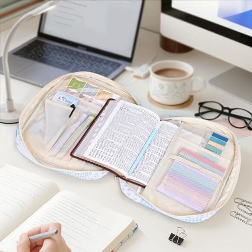 XKDOUS Bible Cover Case for Women Bible Bag Journaling Kit w/Study Supplies | Blue Patchwork Large Carrying Case w/Handle, Tabs, Pens, Portable Church Book Holder Christian Gifts for Woman Lady thumbnail 2