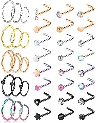 ONESING 32-55 Pcs 20G Nose Rings Hoops & Studs - L Shape, CZ, Stainless Steel Body Piercing Jewelry - Image 1