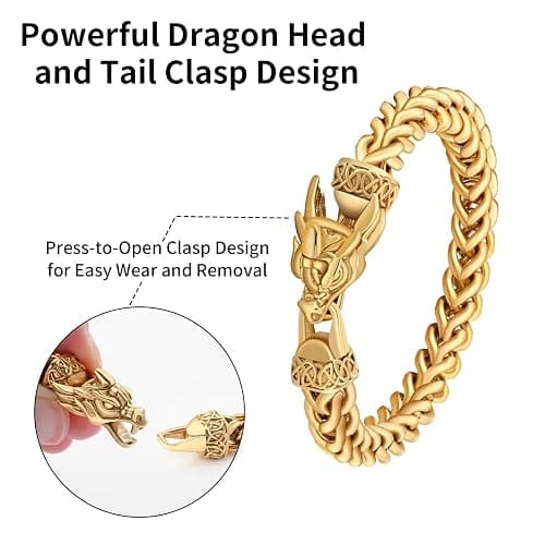 LCTrusttmor Gahna Viking Dragon Bracelet for Men, 316L Stainless Steel Cuban Link Chain 10mm Width, 8 Inch Length, Vintage Silver/Black/Steel/Gold, Punk Norse Jewelry Gifts for Him Husband thumbnail 5
