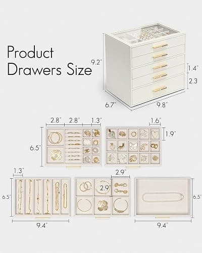 Vlando 5 Layer Jewelry Box for Women, Glass Lid Jewelry Organizer with 5 Drawers for Necklaces Rings Earrings Bracelets - Cloud White thumbnail 3