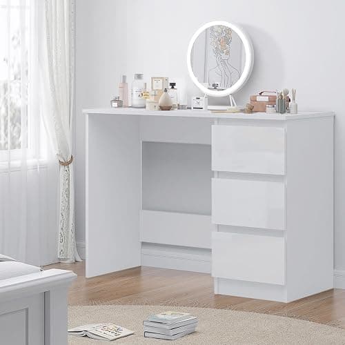 FWStyle Modern White Gloss 3 Drawer Dressing Table Home Office Desk Scandinavian Style Matt Frame - Image 1