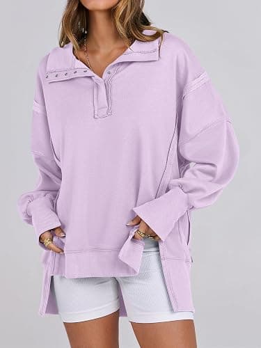 ANRABESS Women's Sweatshirts Oversized Casual Loose Button Up Henley Pullover Top High Low Split 2025 Fall Fashion Outfits thumbnail 3