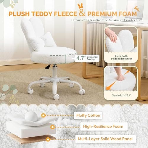 VINGLI Playful Rabbit Ear Swivel White Vanity Desk Chair with wheels&Bow Pillow,Cute Comfy Small Armless Adjustable Rolling Stool for Bedroom/Home Office,for Kids,Teens,Girls,Women,Adults,Teddy Fleece thumbnail 3