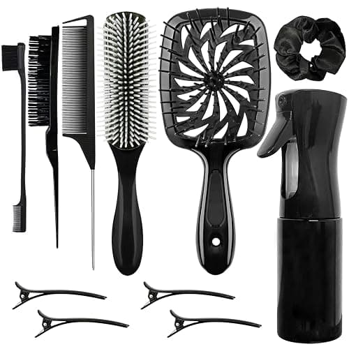 11 Pcs Hair Brush Set, Detangle Hair Brush And Spray Bottle, 3 Pieces Smooth Hairbrush For Toddlers, Suitable For Wet and Dry Hairstyles, Suitable For Adults And Children(Black) - Image 1