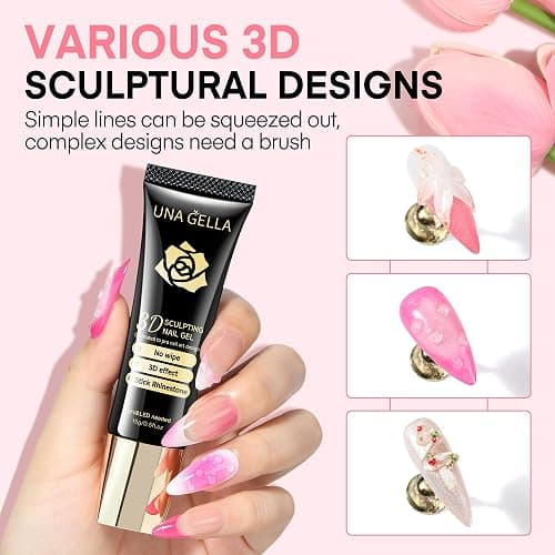 UNA GELLA 3D Gel Nail Art, 3D Nail Gel Sculpting G el Glue 15g 4 in 1 No Wipe Clear Nail Polish for Nails Tips, Chrome Powder, Nail Charms Gems, Drawing, Molding and DIY Nail Art Lamp Curing Needed thumbnail 3