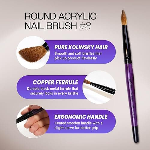 PANA Pure Kolinsky Hair Acrylic Nail Brush - Round Shape Black Ferrule with Purple Wood Handle (Size 8) - for Acrylic Nail Application, Nail Extension Manicure Pedicure Salon Beginner and Professional thumbnail 2