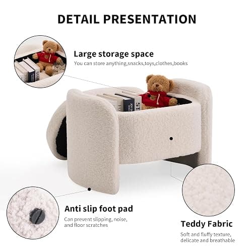 TUOMUR 27 Inch Teddy Fabric Oval Storage Ottoman, Upholstered Foot Stools Ottoman with Storage, Vanity Stool, Modern Multifunctional Chair for Makeup Room, Bedroom, Living Room (Beige) thumbnail 3