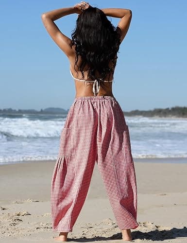 TARSE Womens Linen Wide Leg Striped Pants Casual Barrel Loose Drawstring Low Waist Palazzo Harem Pants with Pockets thumbnail 4