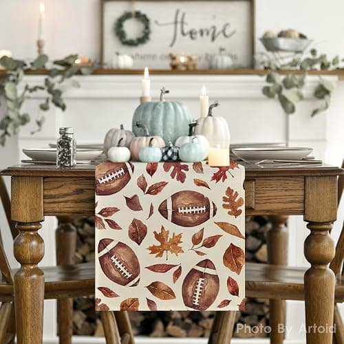 Artoid Mode 210 GSM Fall Table Runner Home Party Decor 13x72 Inch | Rugby Maple Leaves Football, Seasonal Kitchen Dining Table Decoration thumbnail 2