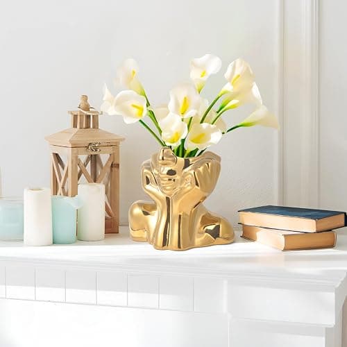 Gold Ceramic Human Face Decorative Vase - Shy Posture Modern Art Desktop Display for Bookshelf, Living Room, Office, Bedroom thumbnail 4