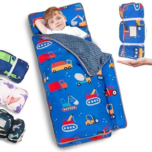 Primlect Thickened Toddler Nap Mat with Removable Pillow and Minky Blanket, Extra Large 55''x35'' Sleeping Bag, Washable, Roll up, Perfect for Daycare, Preschool, Kindergarten, Boys and Girls Blue Car - Image 1