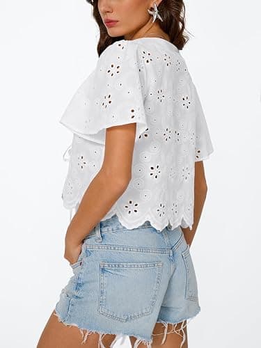 Trendy Queen Womens Summer Tops Cotton Tie Front Blouses | Bohemian Style, Crop Cute Teacher Outfits, Flowy Top, Beach Vacation Outfits 2026, Eyelet Embroidered Clothes for Campus Life thumbnail 5