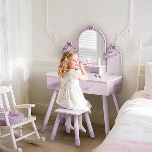 ROBUD Kids Vanity Table and Chair Set, Girls Vanity Set with Mirror, Pretend Play Kids Vanity, Makeup Dressing Table with Drawer and Accessories, Age 3+ (Purple) thumbnail 6