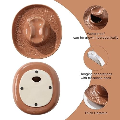 Hanging Wall Planters for Indoor Plants, Wall Vases for Flowers, Ceramic Cowboy Hat Vases for Decor, for Bathroom, Living Room, Office, and Home Decor. Brown thumbnail 3
