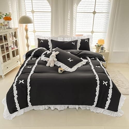 IHOUSTRIY Black Halloween Duvet Cover Twin Size, Cute Bow Duvet Cover Set with Zipper Closure, 2 Pieces White Ruffle Soft Microfiber Bedding Set with 4 Ties (66"x90", 1 Pillow Cases) thumbnail 2