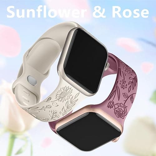 SNBLK 6 Pack Floral Engraved Bands Compatible with Apple Watch Bands 40mm 41mm 42mm 38mm 44mm 45mm 46mm 49mm Women Men, Silicone Flower Pattern Strap for iWatch Series 11 10 Se Ultra 9 8 7 6 5 4 3 2 1 thumbnail 4