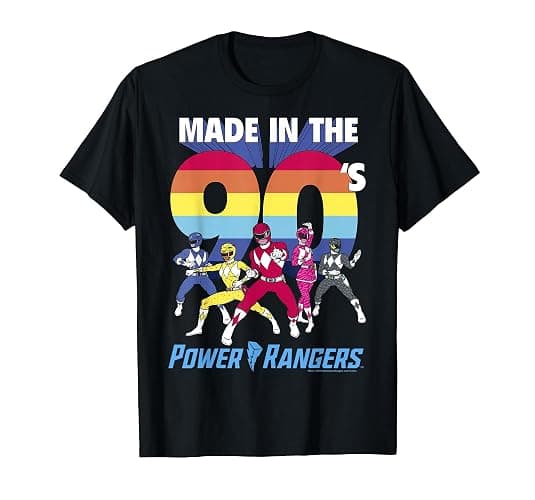 Power Rangers Made in The 90's Retro Rainbow Stripe Logo T-Shirt - Image 1