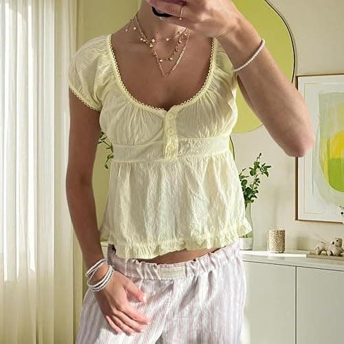 Women Y2k Cap Sleeve Shirt Lace Trim Fairy Plaid Tees Cute Ruffled Babydoll Crop Top Vintage Aesthetic Clothes thumbnail 3