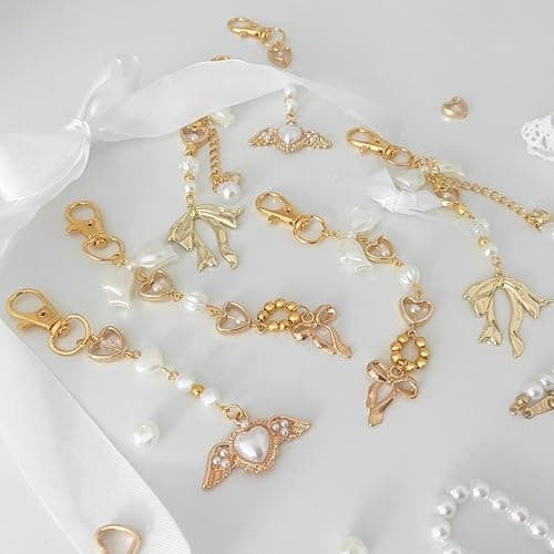 Agromusk Gold Bow Keychain Bag Charms for Women Heart Pearl Beaded Coquette Aesthetic Purse Charms thumbnail 6