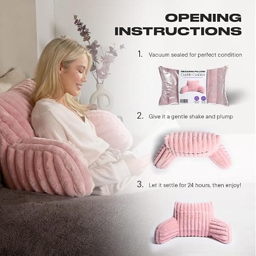 OHS Reading Pillow Faux Fur Ribbed, Heatable Pocket Cuddle Cushion for Bed Super Soft Cosy Pillow with Arms Support Pillows for Sitting up in Bed, Blush Pink thumbnail 3