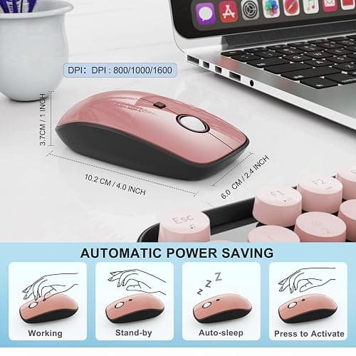 Wireless Keyboard and Mouse Combo, Retro Typewriter Style Keyboard with Round Keys, 2.4G Wireless Cute Keyboard and Mouse Set for PC, Laptop and Desktop-Black and Rose Gold thumbnail 4