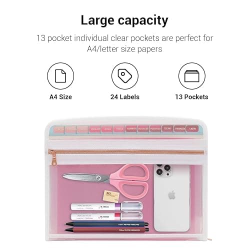 Mukawa 13 Pocket Zippered Expanding File Folder, Accordion File Organizer for Documents Letter Size A4 Papers (Pink) thumbnail 6